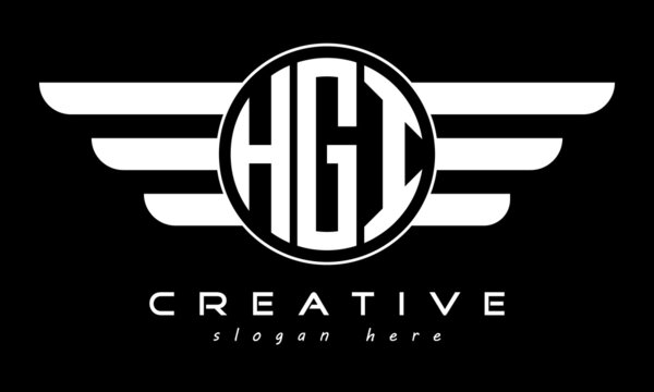 HGI three letter monogram type circle letter logo with wings vector template.
