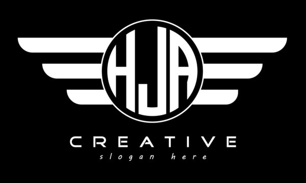 HJA three letter monogram type circle letter logo with wings vector template.