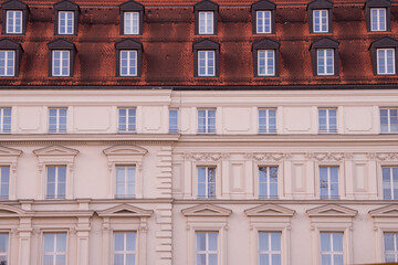 Munich, Germany - December 19 2021: Street view of The facade of the building in Munich downtown on Winter day.
