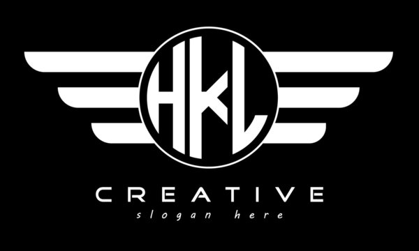 HKL three letter monogram type circle letter logo with wings vector template.