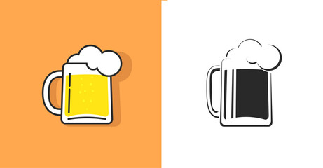 Beer mug or pint ale glass vector isolated icon as color line outline and black white retro style silhouette shape with foam flat cartoon illustration