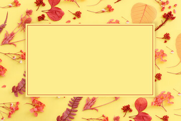 Top view image of autumn forest natural composition over yellow background .Flat lay