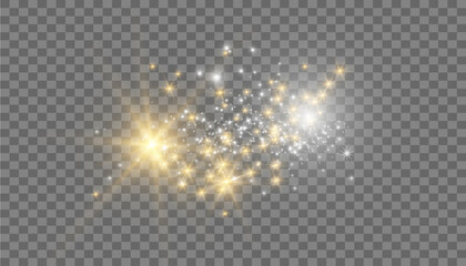 The dust sparks and golden stars shine with special light. Vector sparkles on a transparent background. Christmas light effect. Sparkling magical dust particles.