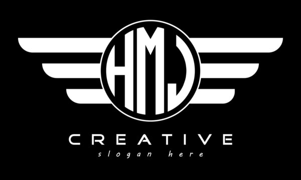 HMJ three letter monogram type circle letter logo with wings vector template.