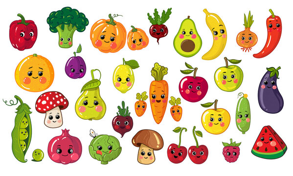 painted cute cartoon characters. set of fruits and vegetables illustration isolated on a white background