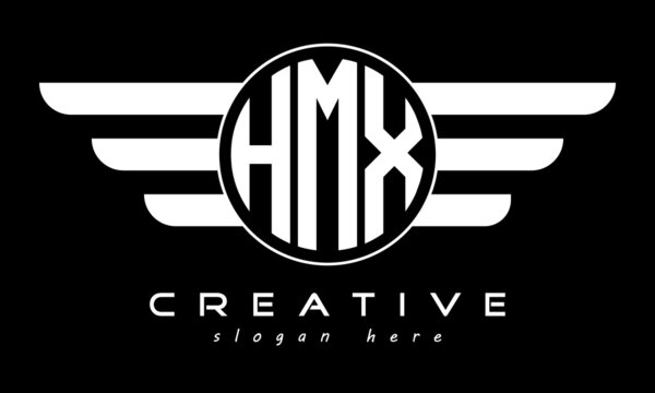 HMX three letter monogram type circle letter logo with wings vector template.