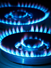 Closeup shot of blue fire from domestic kitchen stove top. Gas cooker with burning flames of propane gas. Industrial resources and economy concept.