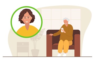 Elderly mother talks to her adult daughter via video connection. Young woman on phone screen. Senior woman sitting in chair and cute smiling at home. Video chat. Flat vector illustration.