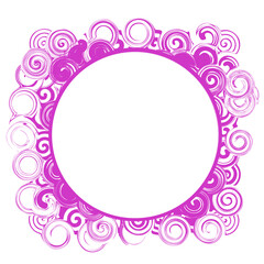 Illustrated pink-violet circular frame decorated with ornaments on a white background