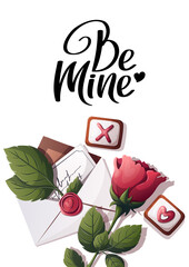 Rose, petals, gingerbreads, love letter. Happy Valentine's Day card. Romance, Love concept. Vector illustration for poster, banner, postcard, cover, card.