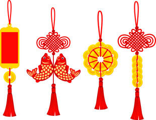 Chinese knots.Traditional lucky knot tassel hanging mascot decoration with gold and jade disks isolated on white vector background illustration
