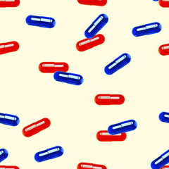 Red-blue tablets - capsules on a colored background. Pattern.