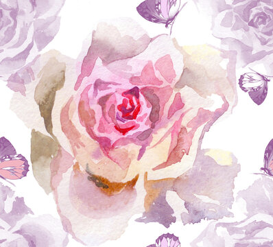 Light Pink Rose Watercolor On White Background Seamless Pattern.