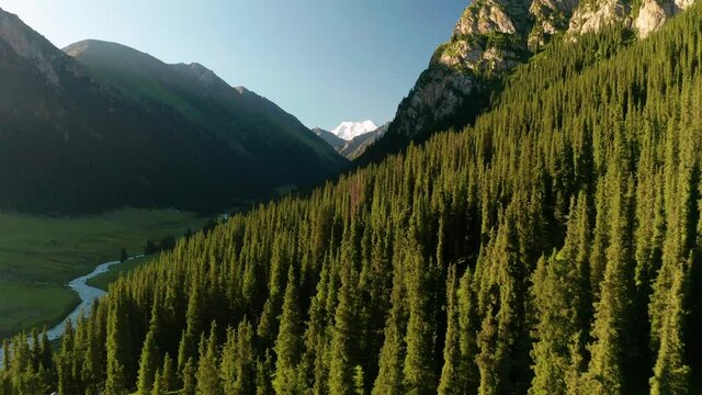 Aerial panorama of mountain landscape in Kyrgyzstan. Altyn-Arashan gorge.