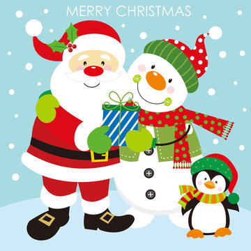 christmas card with santa claus, snowman and penguin