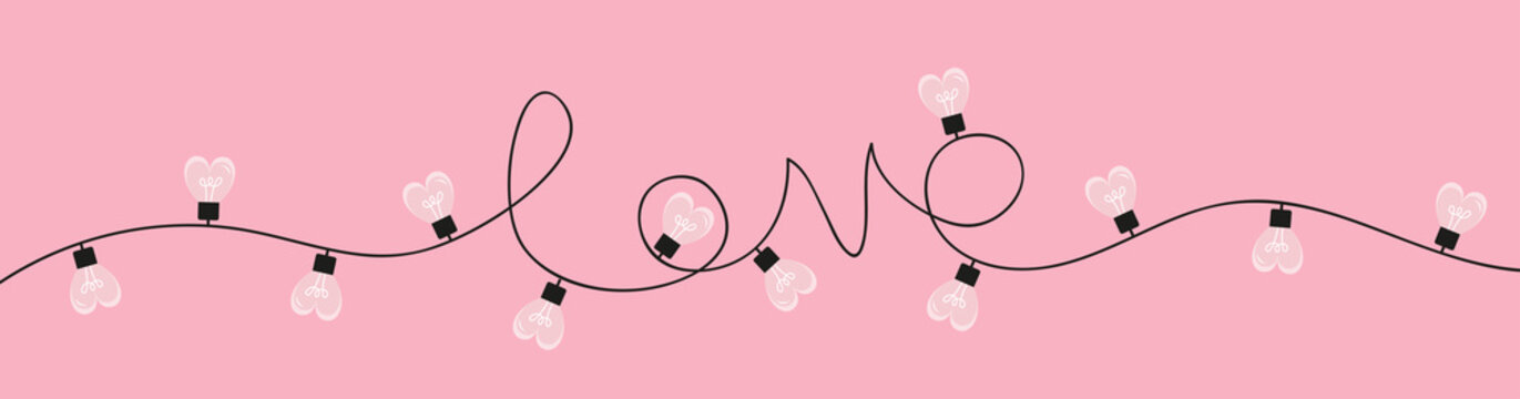 Happy Valentines Day. One line garlannd string. Heart Christmas light. Glowing lamp light bulb. Continuous line art. Black hearts. Decoration element. Love word sign symbol Pink background.