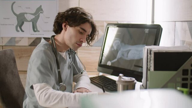 Young male vet examining x-ray image of dog on computer and writing down some notes at work in clinic