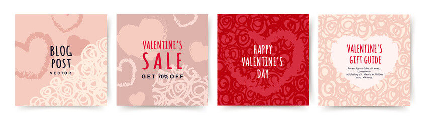 Fototapeta na wymiar Social media post templates with hearts and texture. Sales promotion on Valentine's Day. Vector pink background for holidays greeting card, mobile apps, banner design and web 