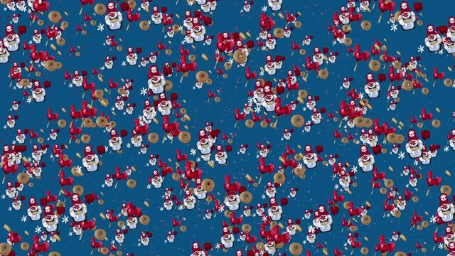 Russian folk background. Blue background. Fair items. 4K. Matryoshka dolls, bagels, cockerels.