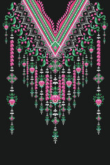 Neckline kaftans for women and clothing with pink, white, and green flora decorated with floral flowers chandeliers. Design in an ethnic tribal style. Colorful patterns create a luxurious atmosphere.