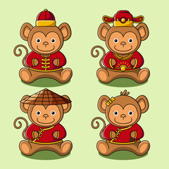 Cute monkey in Chinese traditional costume collection illustration