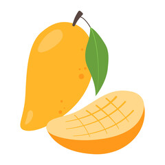 Mango whole fruit and half sliced for package design. Ripe mango tropical fruit isolated on white background. Organic food, healthy nutrition, vegetarian product. Vector illustration.