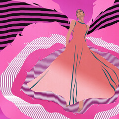 Ilustracja młoda kobieta w różowej sukience w tanecznej pozie na kolorowym tle - obrazy, fototapety, plakaty