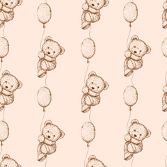 Seamless pattern with plush teddy bear and balloon. 