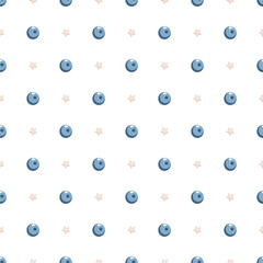 Fototapeta na wymiar Seamless pattern with blueberries and stars. Summer print with food. Background with sweet tasty garden berries. Design for textiles, wrapping paper. Vector illustration