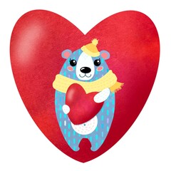 A charming white bear cub on the background of a watercolor heart with a heart in its paws. A symbol of love. Cute cartoon character in a beautiful style. Valentine's day.