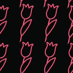 A pattern with pink tulips on a black background. A simple vector background for doodle-style design for packages, websites, fabric printing and postcards. Spring romantic illustration.