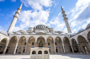 Incredible wide angle view of Suleymaniye Mosque. Suleymaniye Mosque built on top of the third hill of historical Istanbul is one of the biggest mosques of the city, Istanbul.