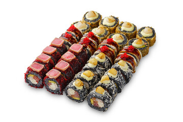 Sushi set of four rolls with tuna, avocado, salmon, scallop, mayonnaise, eel, black rice. isolated on white background