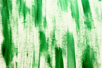 Hand drawn gouache painting. Vertical green lines on white paper background. Gouache, watercolor painting as art therapy. Abstract background.Color texture. Colorful canvas