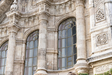 Close-up view of decorative windows in the courtyard of the Ortakoy Mosque in Istanbul, Turkey.