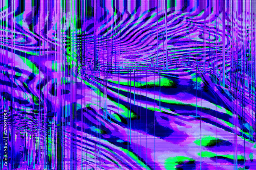Wall mural abstract purple green psychedelic zebra background interlaced digital distorted motion glitch effect