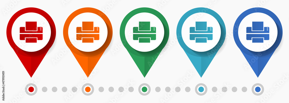 Poster printer, office concept vector icon set, flat design pointers, infographic template