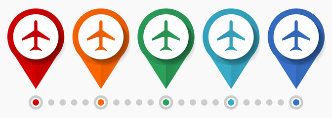 Plane, flight, airplane concept vector icon set, flat design pointers, infographic template