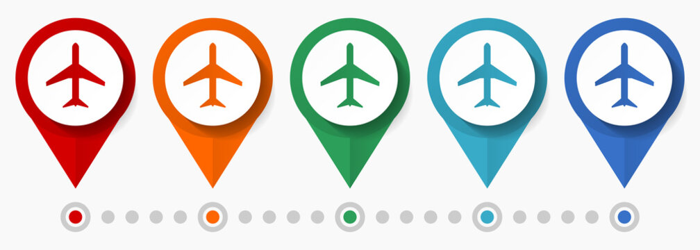 Plane, flight, airplane concept vector icon set, flat design pointers, infographic template