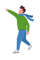 Man in coat gesturing semi flat color vector character. Training figure. Full body person on white. Autumn activity isolated modern cartoon style illustration for graphic design and animation