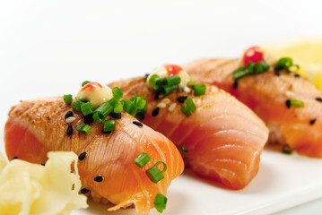 Various sushi rolls on white background. With copy space for text. Top view. Japanese food restaurant sushi maki roll plate. delicious seafood sushi at a Japanese restaurant