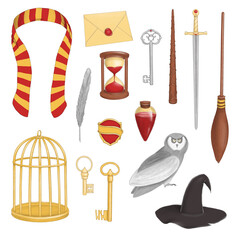 Magic set of illustrations in red and yellow colors with broomstick, owl, scarf and witchcraft tools.  - obrazy, fototapety, plakaty