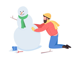 Man building snowman semi flat color vector character. Playing figure. Full body person on white. Winter activity isolated modern cartoon style illustration for graphic design and animation