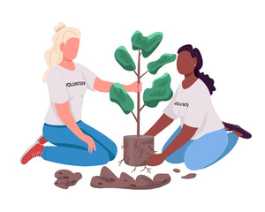 Volunteer girls caring for plant semi flat color vector characters. Active figures. Full body people on white. Friends isolated modern cartoon style illustration for graphic design and animation