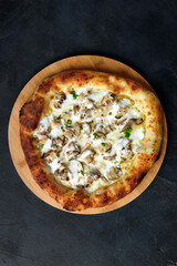 Delicious homemade pizza with mozzarella, mushrooms, beef and chicken. Dark background, selective focus.
