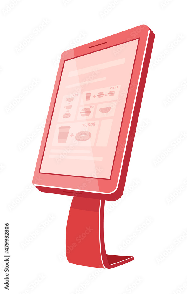 Poster red self service kiosk semi flat color vector object. realistic item on white. terminal for cashless