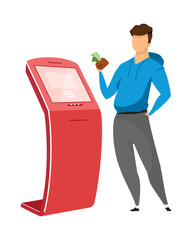 Man at self service kiosk semi flat color vector character. Standing figure. Full body person on white. Terminal isolated modern cartoon style illustration for graphic design and animation