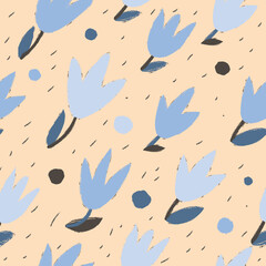 Fototapeta na wymiar Seamless pattern with spring flowers in blue and beige colors. Drawn with a dry brush.