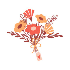 A simple floral arrangement with flowers, a bow and a valentine. Bouquet with abstract childish yellow and red flowers and twigs. Vector botanical illustration isolated on a white background.
