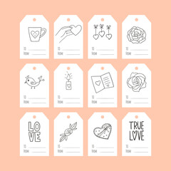 Set of gift tags with black and white hand-drawn doodles for Valentine's Day. A collection of present labels with illustrations and words To, from. Simple vector illustrations on a white background.
